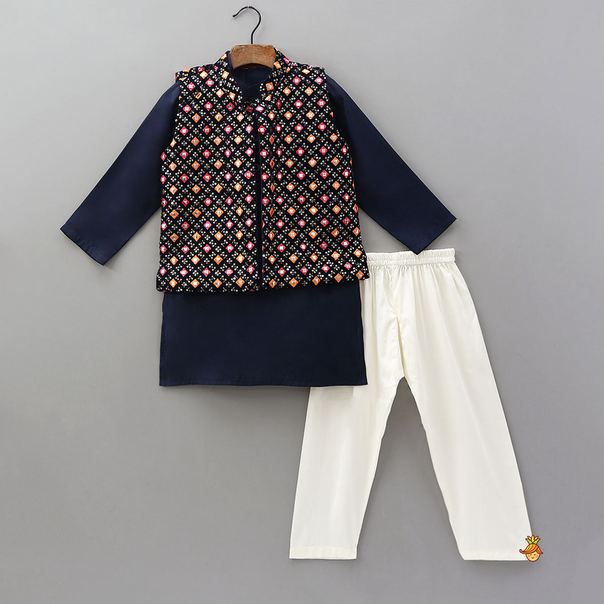 Elegant Kurta With Faux Mirror Work Jacket And Pyjama
