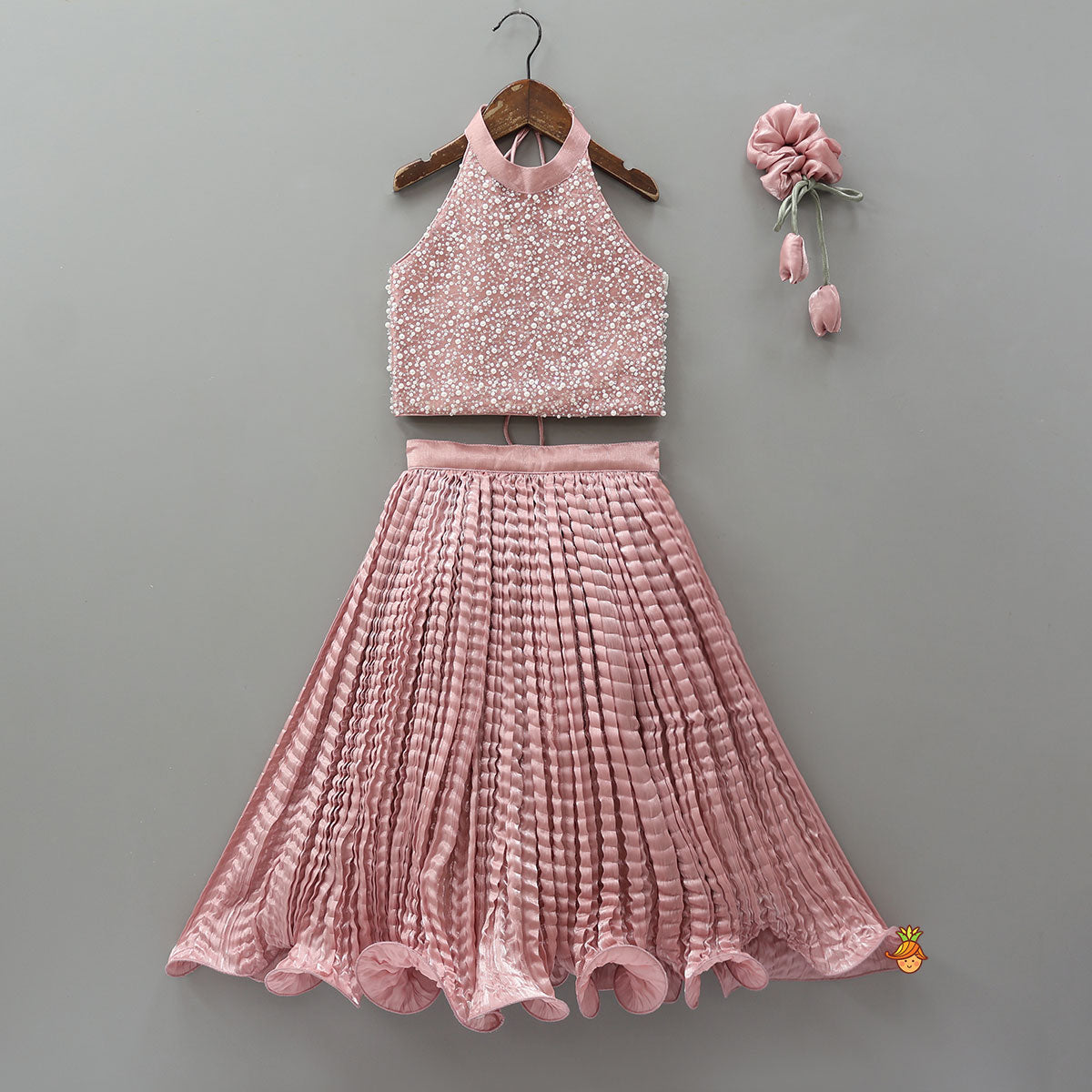 Gorgeous Criss-Cross Back Knot Top And Crushed Lehenga With Matching Hair Tie