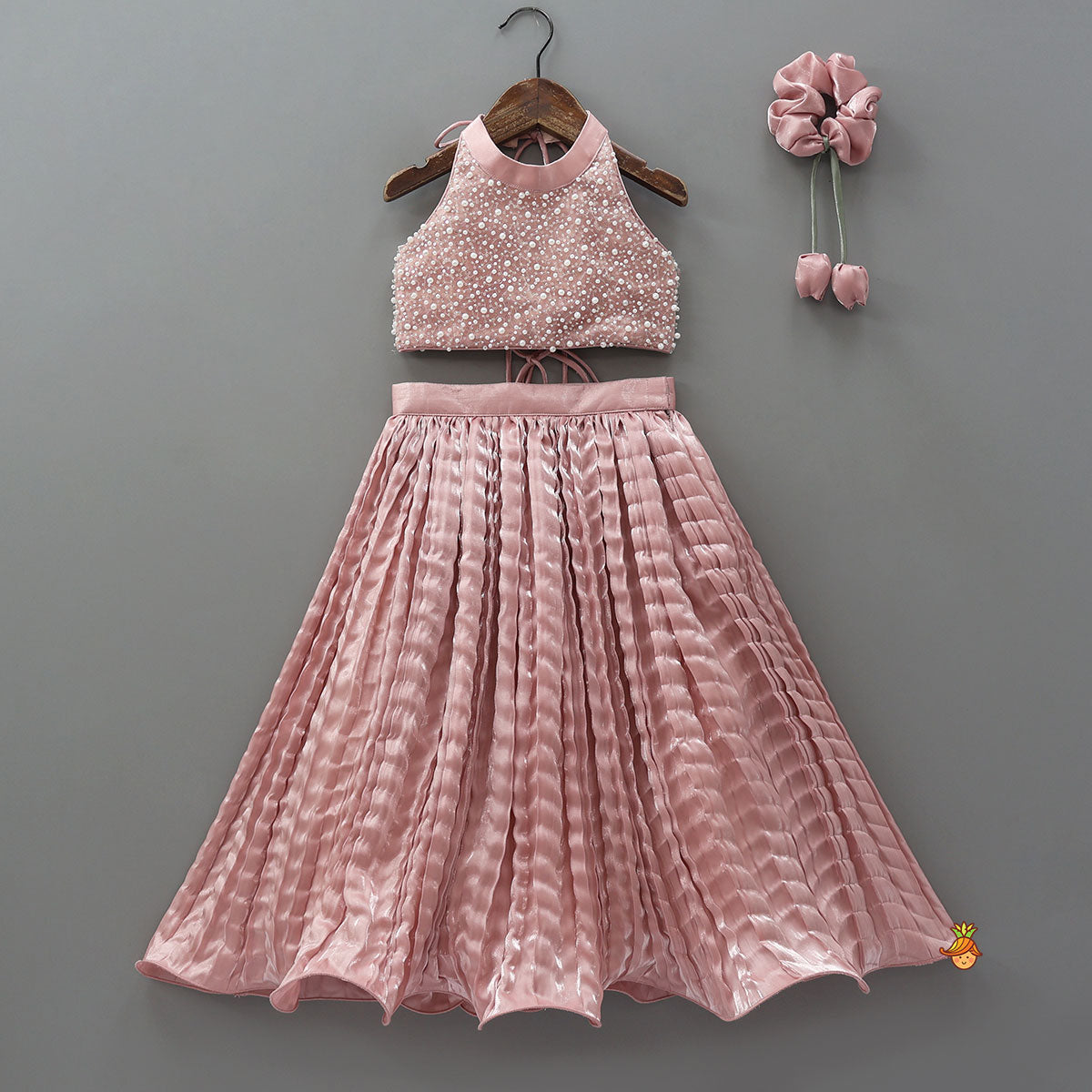 Gorgeous Criss-Cross Back Knot Top And Crushed Lehenga With Matching Hair Tie