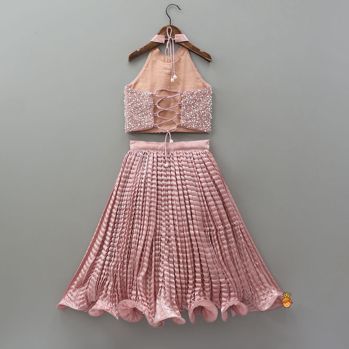 Gorgeous Criss-Cross Back Knot Top And Crushed Lehenga With Matching Hair Tie