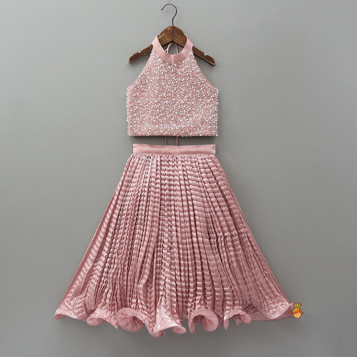 Gorgeous Criss-Cross Back Knot Top And Crushed Lehenga With Matching Hair Tie