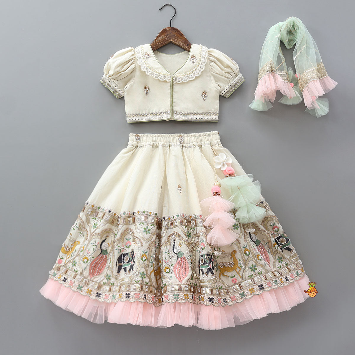 Peter Pan Collar Top And Embroidered Lehenga With Net Dupatta