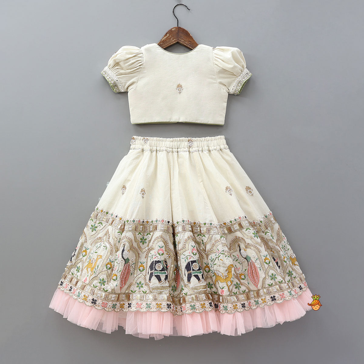 Peter Pan Collar Top And Embroidered Lehenga With Net Dupatta