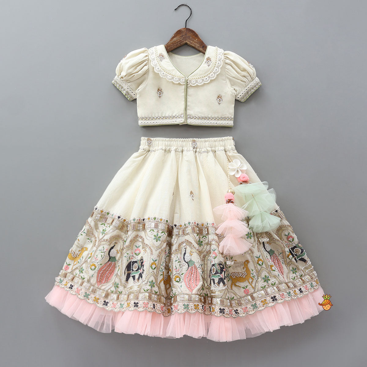 Peter Pan Collar Top And Embroidered Lehenga With Net Dupatta