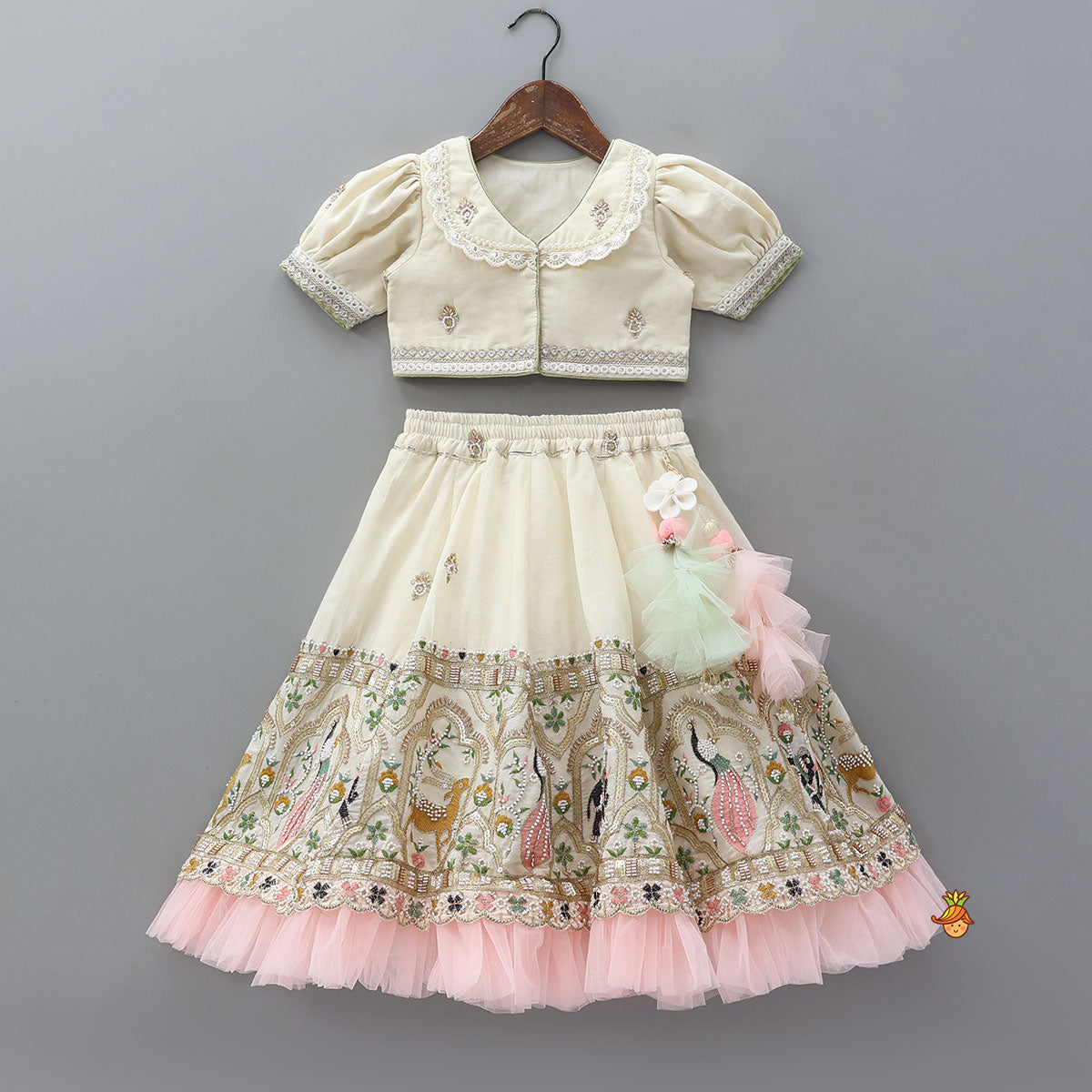 Peter Pan Collar Top And Embroidered Lehenga With Net Dupatta