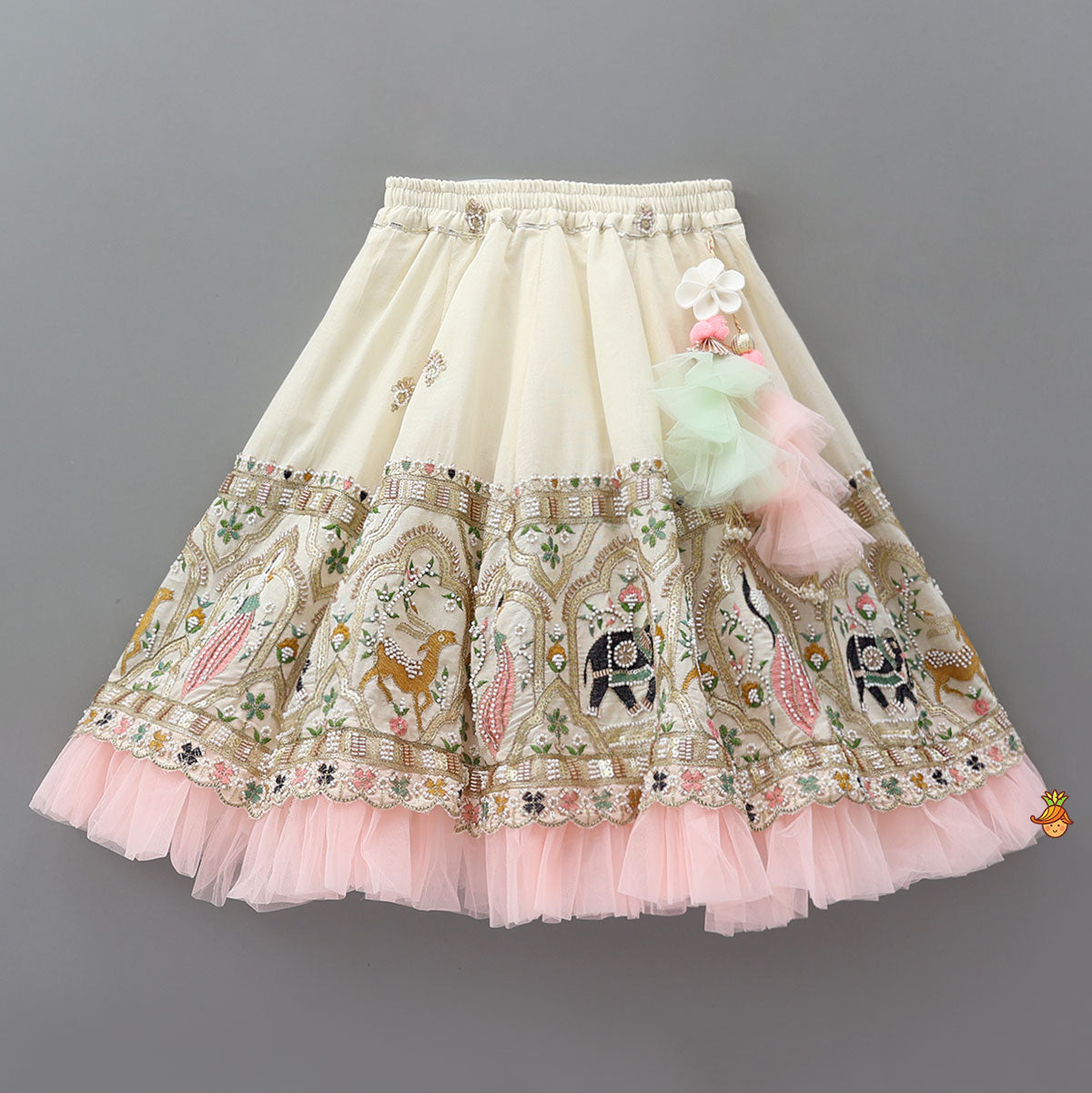 Peter Pan Collar Top And Embroidered Lehenga With Net Dupatta