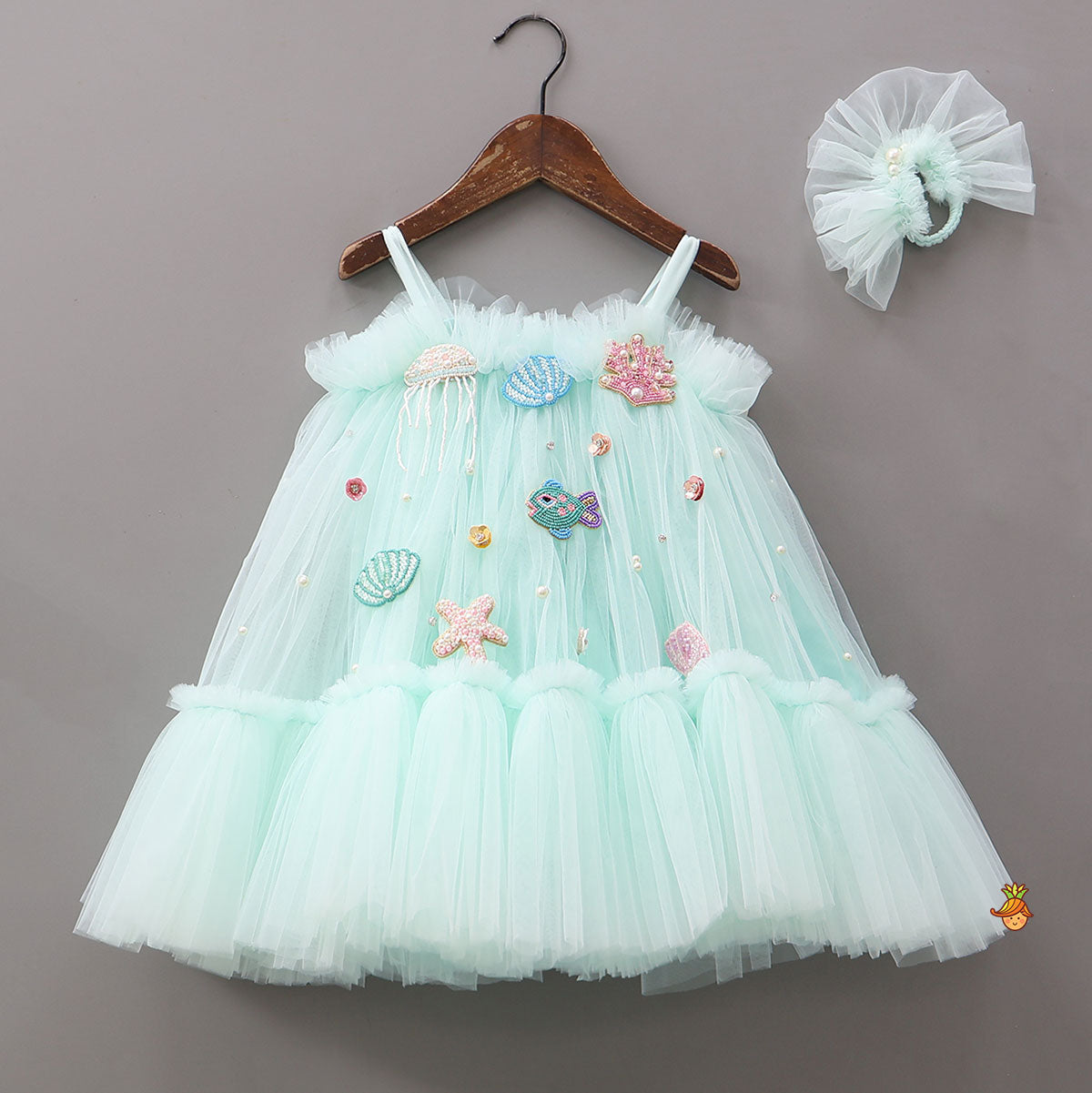 Stunning Aqua-Themed Embroidered Dress With Hair Tie