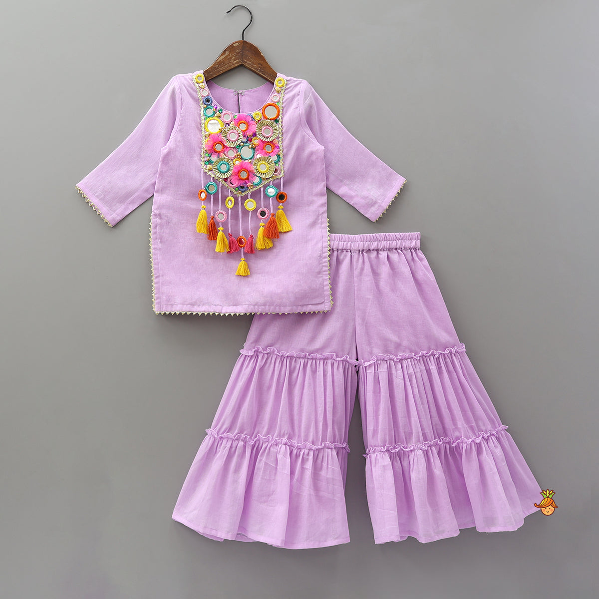 Mirror Work Embellished Kurti With Sharara And Dupatta