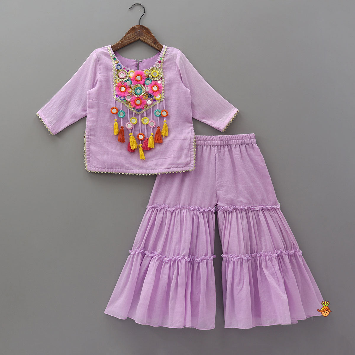 Mirror Work Embellished Kurti With Sharara And Dupatta