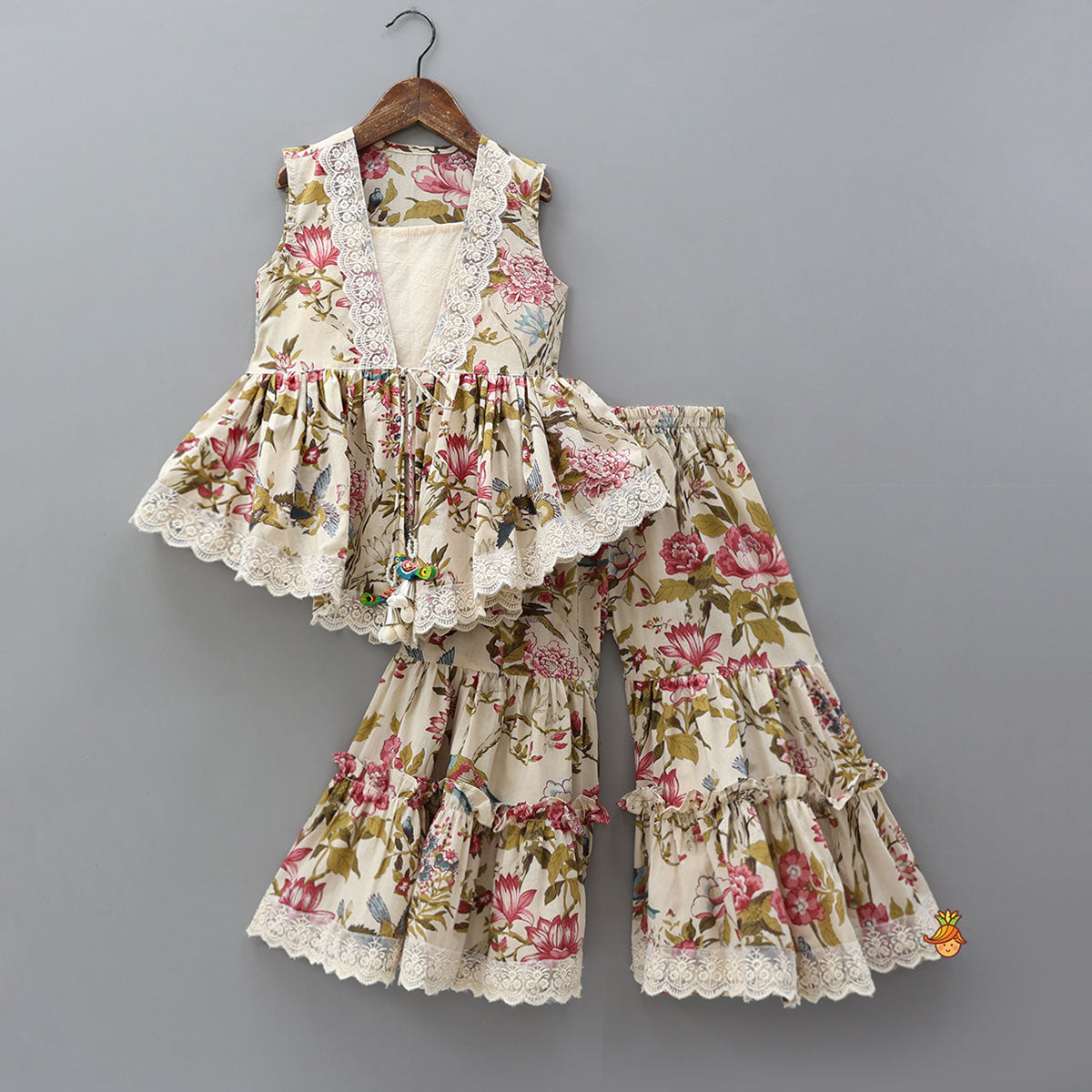 Strappy Adorable Top With Floral Printed Jacket And Sharara