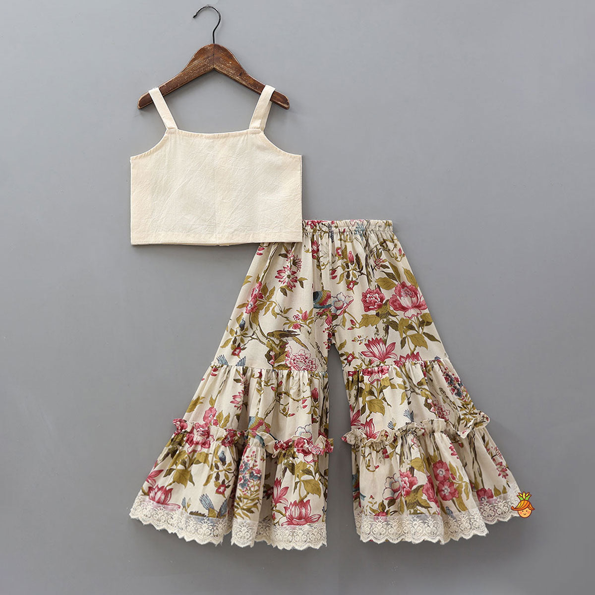 Strappy Adorable Top With Floral Printed Jacket And Sharara