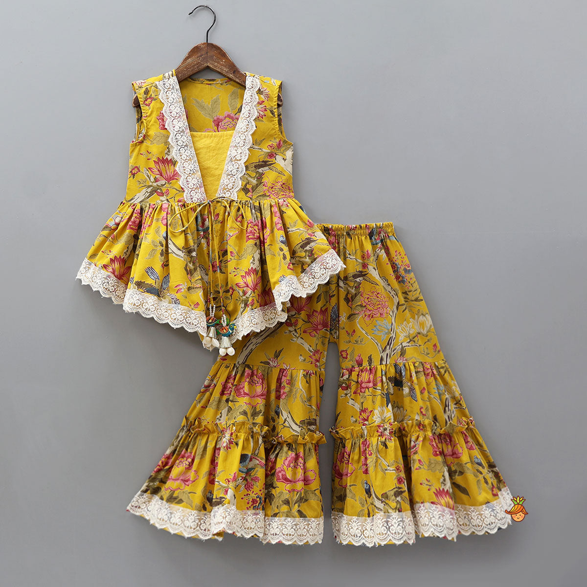 Strappy Top With Floral Printed Jacket And Sharara