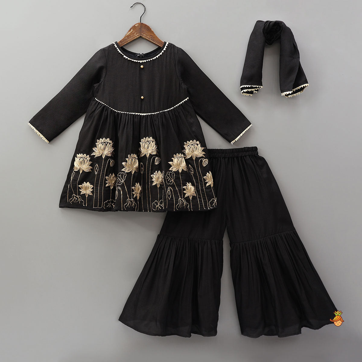 Floral Embroidered Kurti And Sharara With Matching Dupatta