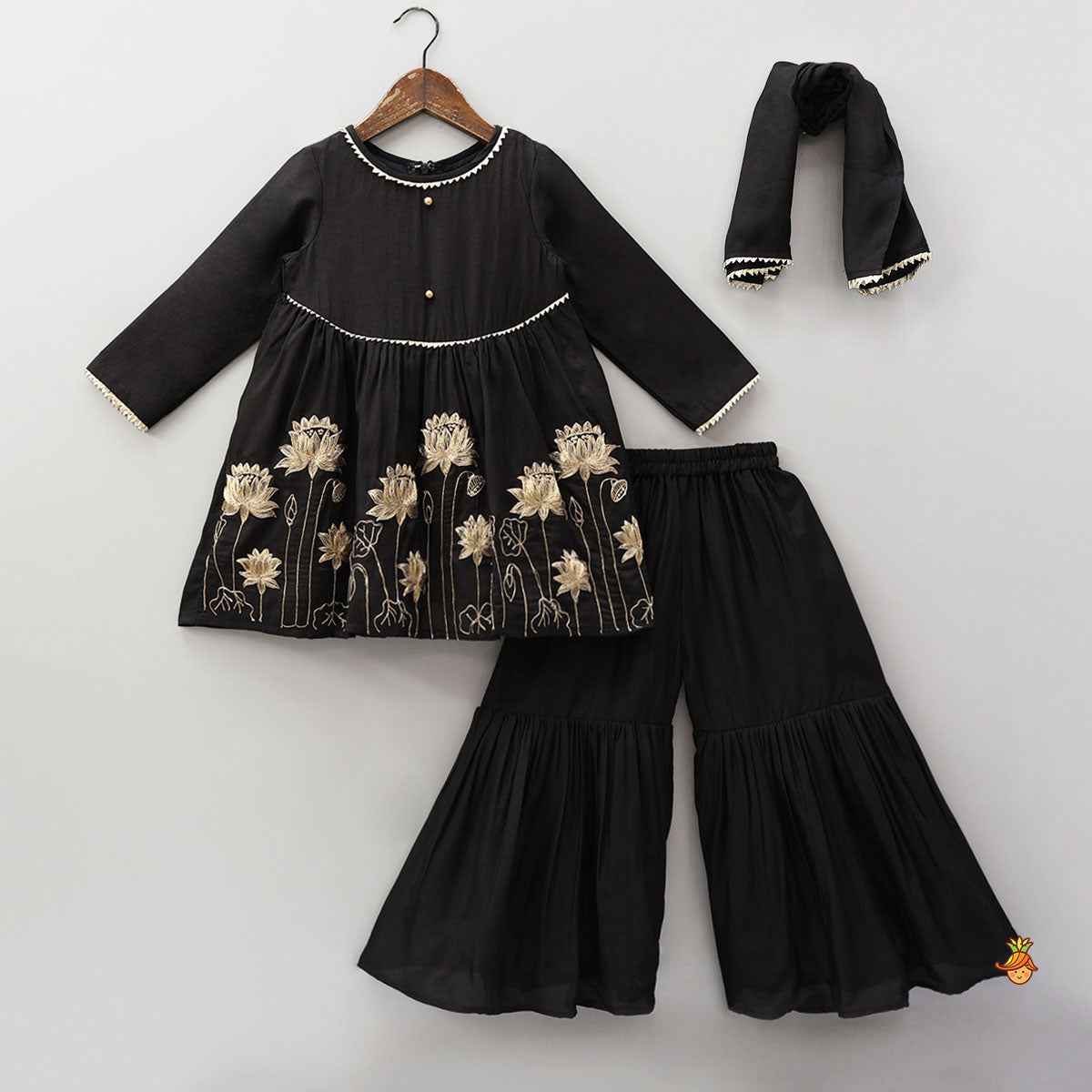 Floral Embroidered Kurti And Sharara With Matching Dupatta