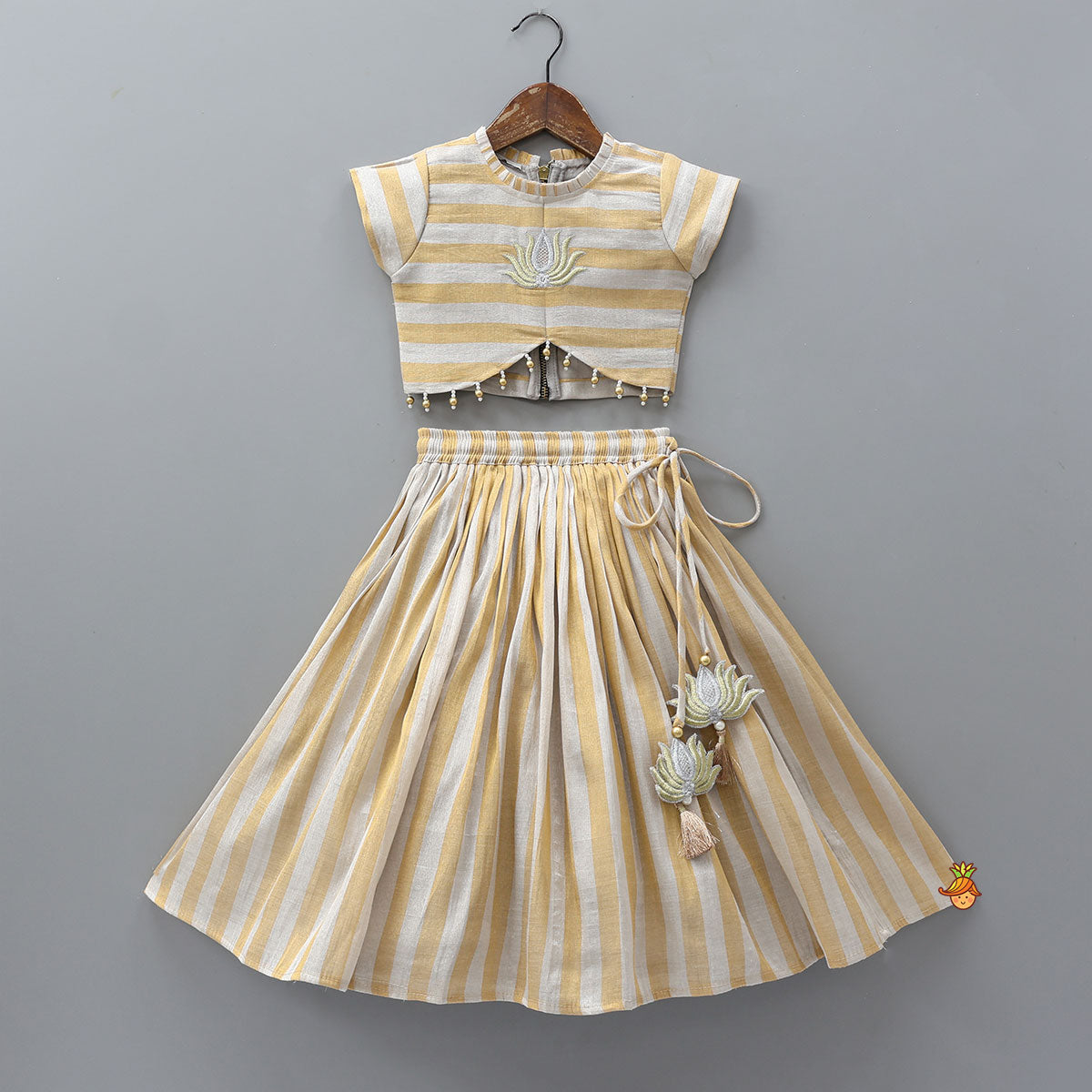 Pleated Neckline Striped Top And Lehenga