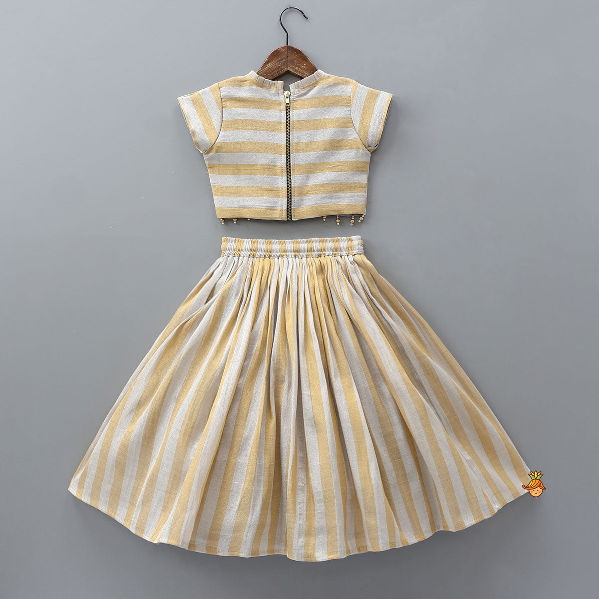 Pleated Neckline Striped Top And Lehenga