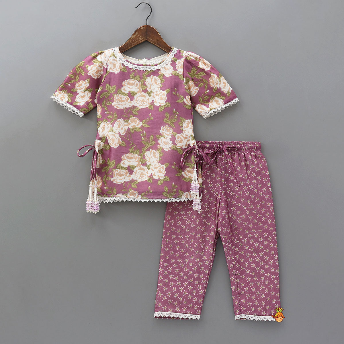 Side Knot Detail Floral Printed Kurti And Pant With Dupatta