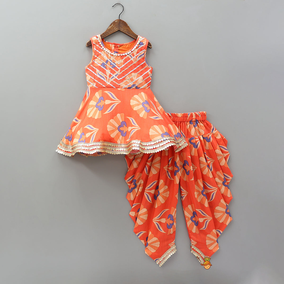 Sleeveless Printed Lace Adorned Kurti With Matching Dhoti