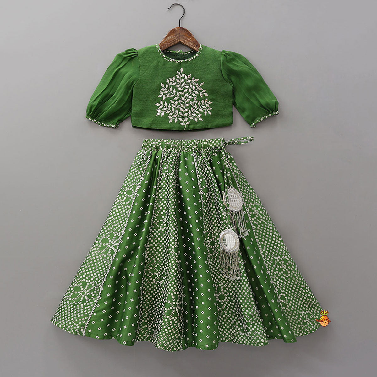 Faux Mirror Work Top And Bandhani Printed Lehenga