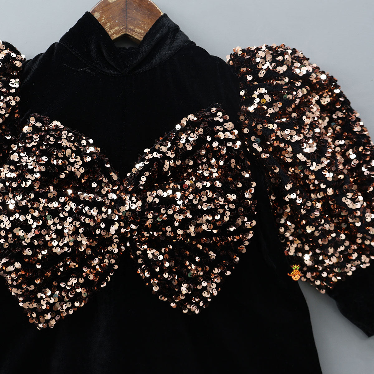 Bow Adorned Sequin Embellished Black Velvet Dress