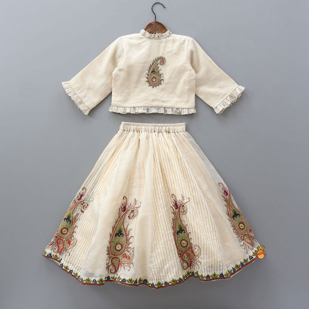 Thread Embroidered Frills Enhanced Top And Lehenga