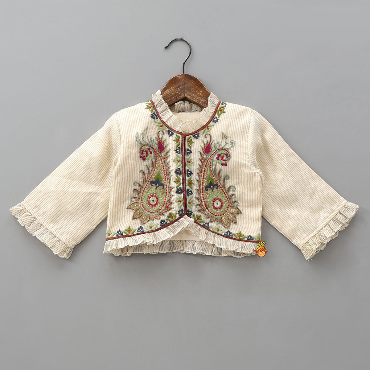 Thread Embroidered Frills Enhanced Top And Lehenga