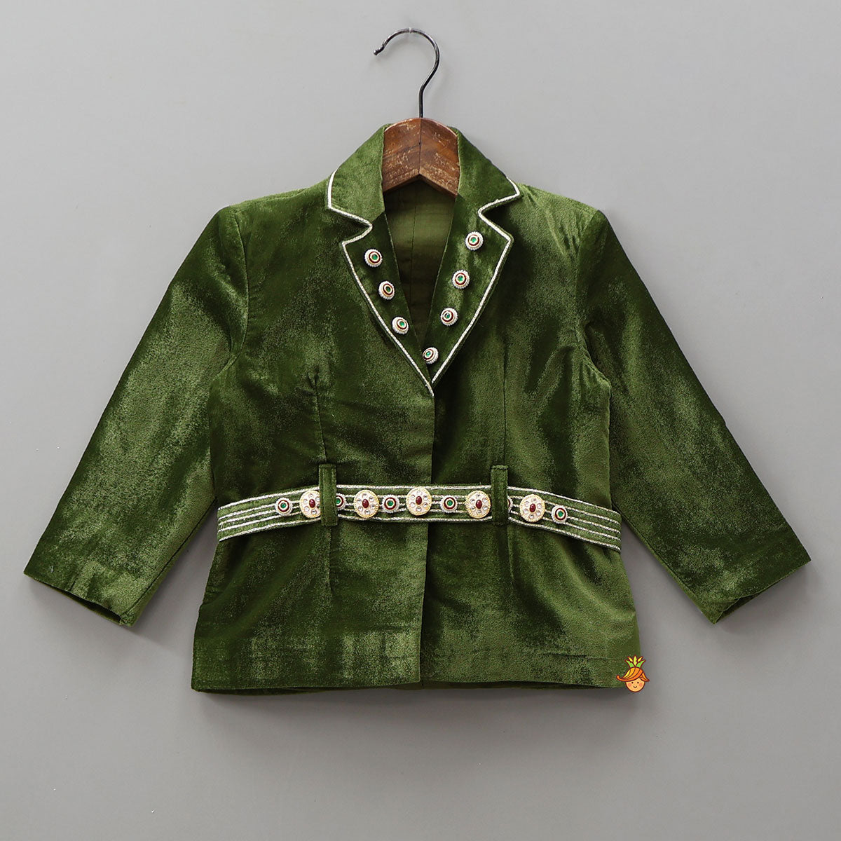 Embellished Velvet Jacket Top With Flared Pants And Embroidered Belt