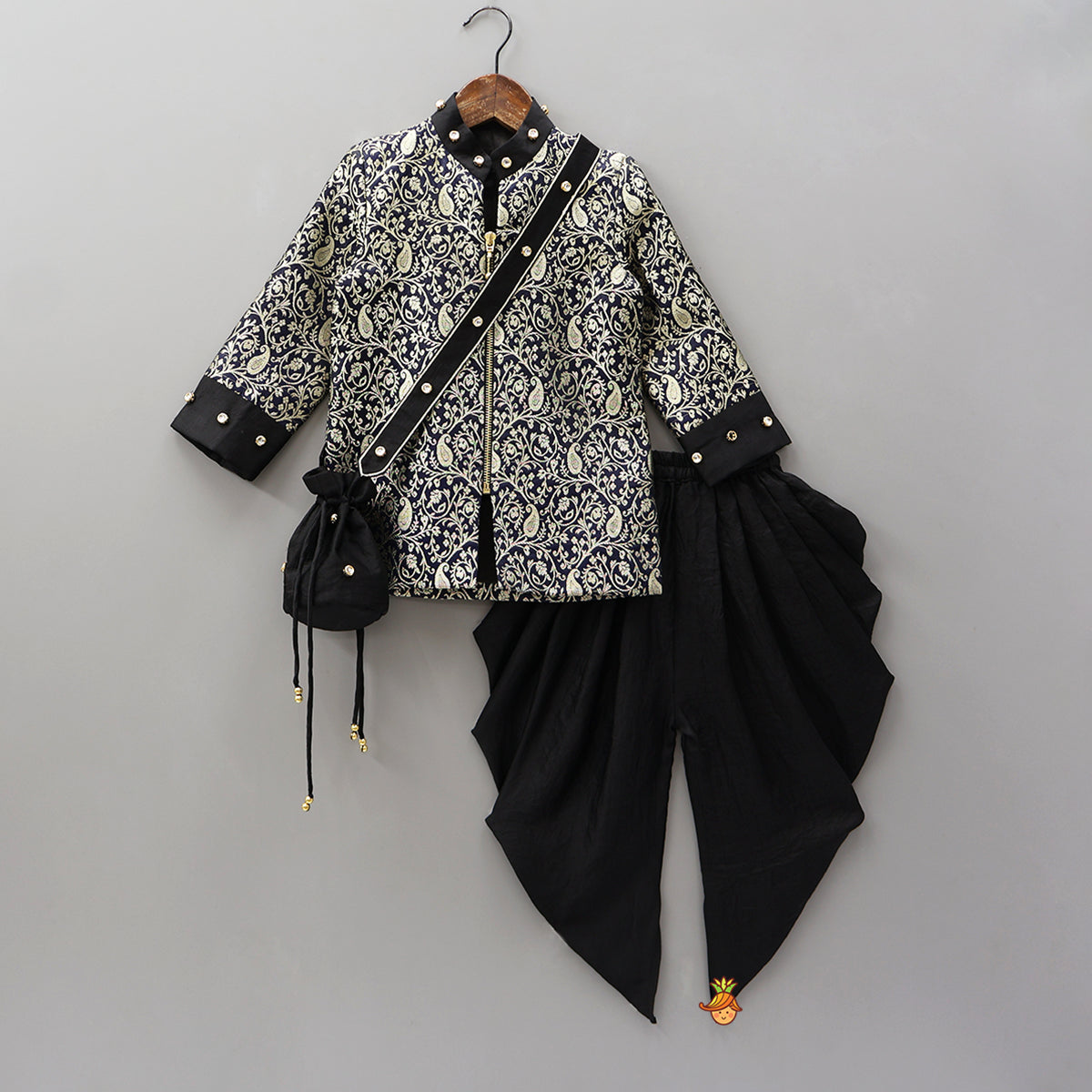 Brocade Jacket Style Top And Dhoti With Matching Potli Bag