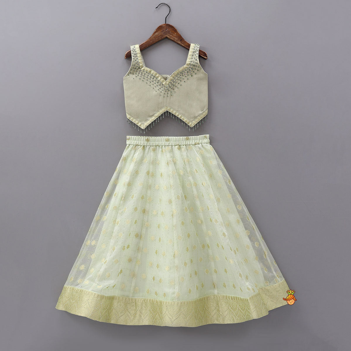 Stylish Hem Top With Checks Work Organza Lehenga