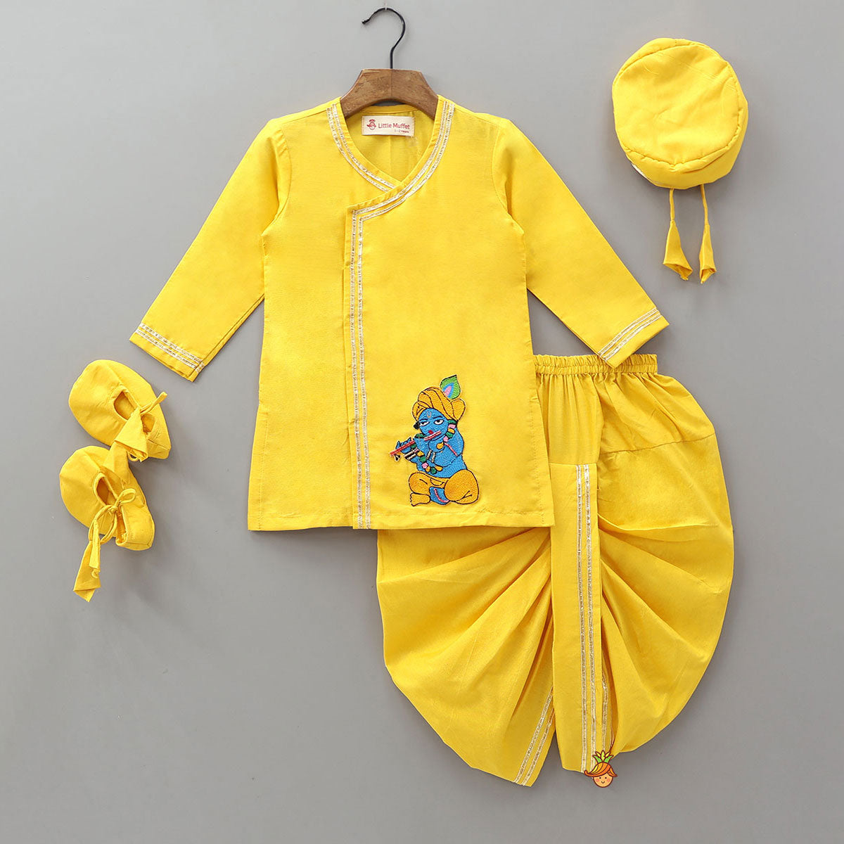 Krishna Applique Work Kurta And Dhoti With Matching Cap And Booties