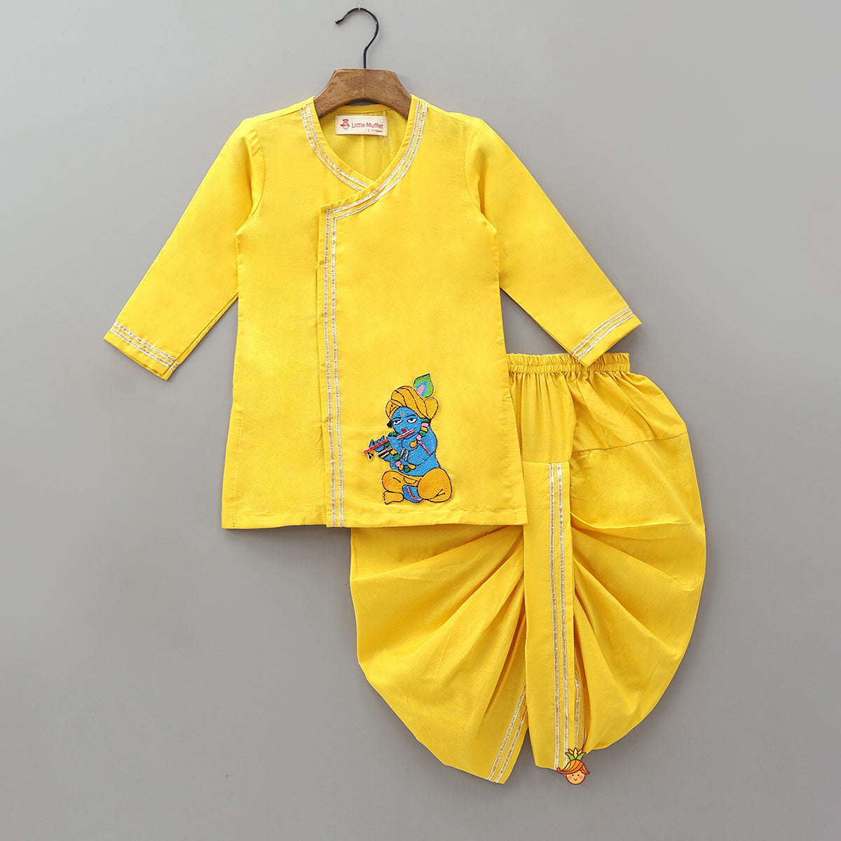 Krishna Applique Work Kurta And Dhoti With Matching Cap And Booties