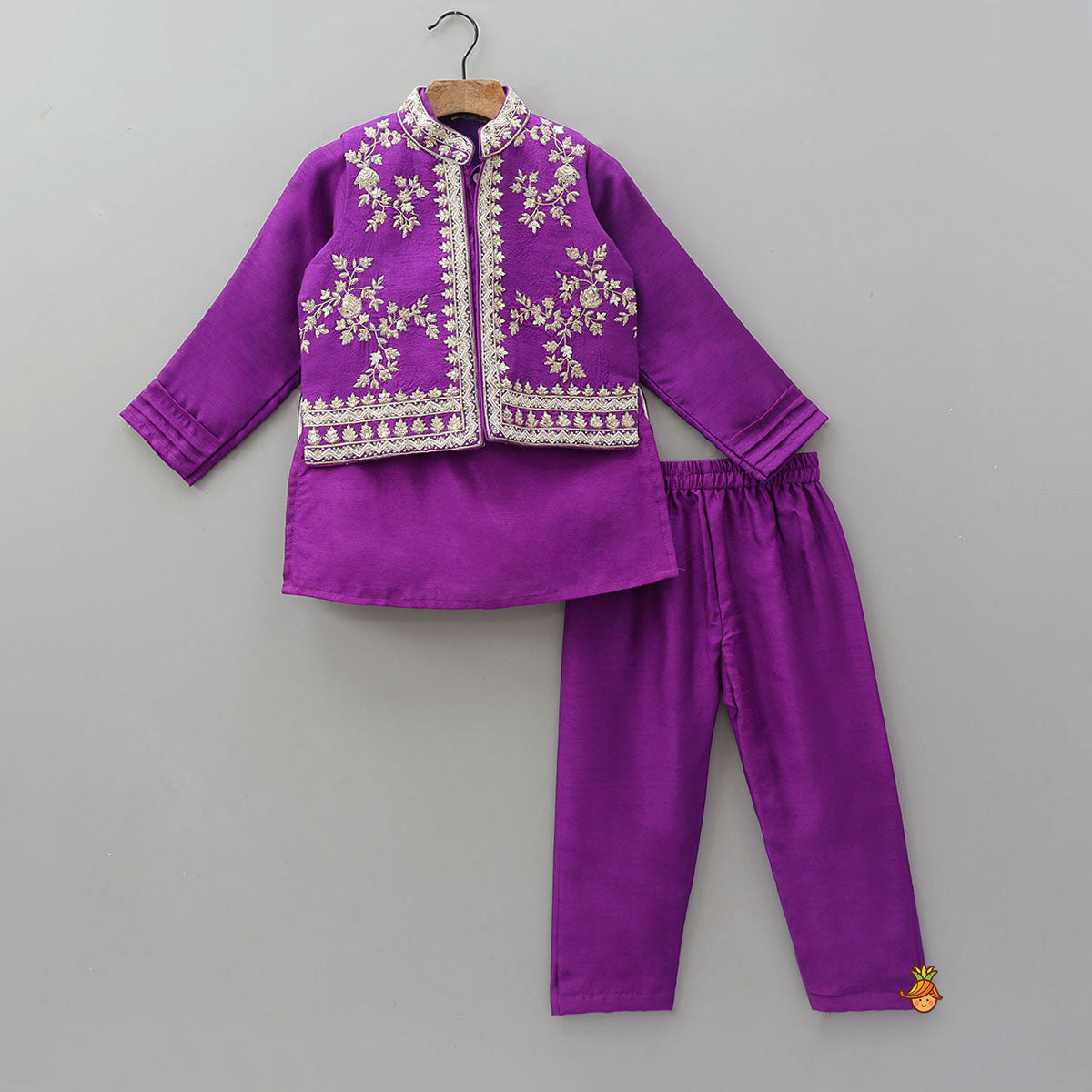 Mandarin Collar Kurta With Embroidered Jacket And Pyjama