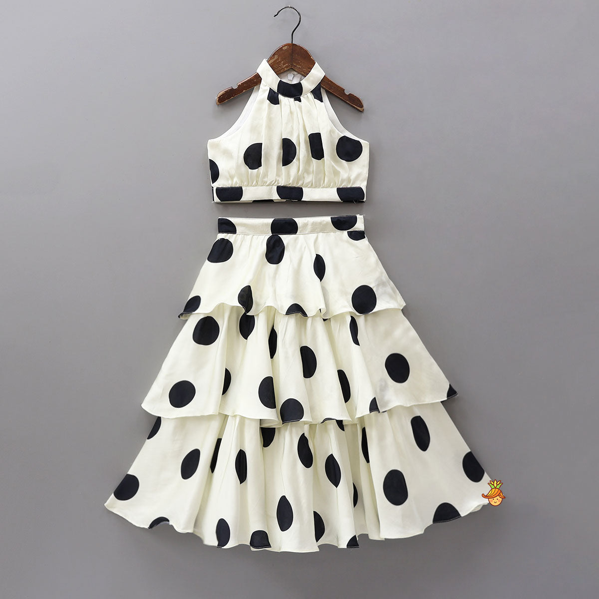 Stunning Halter Neck Polka Dot Printed Top With Matching Layered Skirt