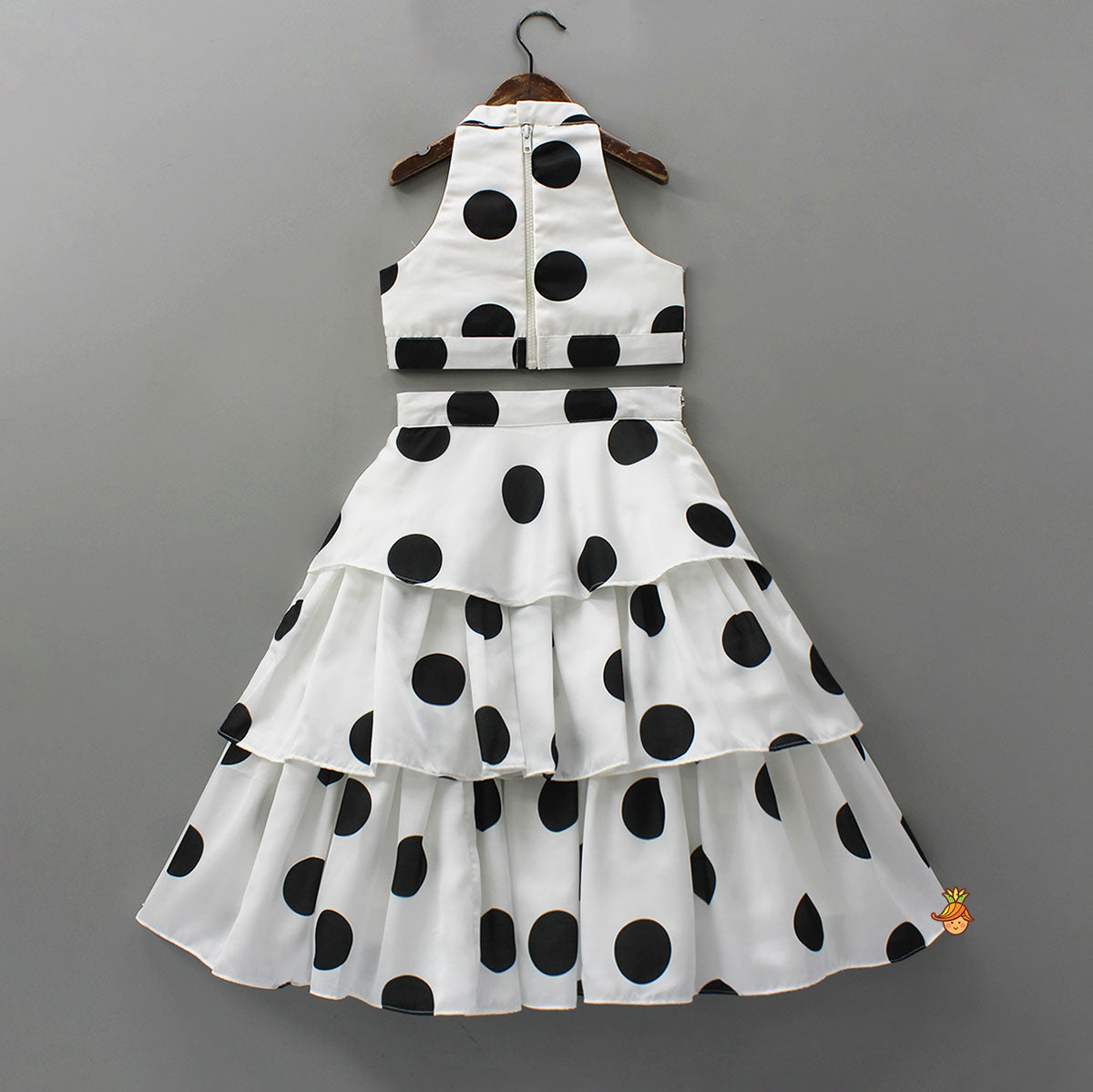 Stunning Halter Neck Polka Dot Printed Top With Matching Layered Skirt Style Lehenga