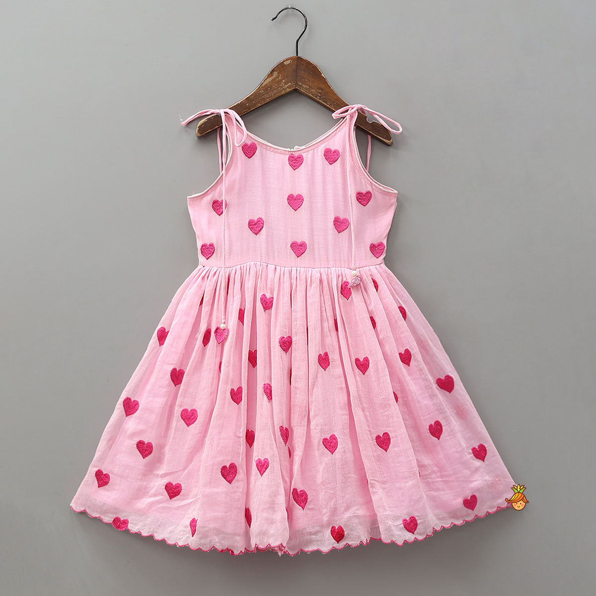 Cute Hearts Embroidered Tie Up Dress With Matching Headband