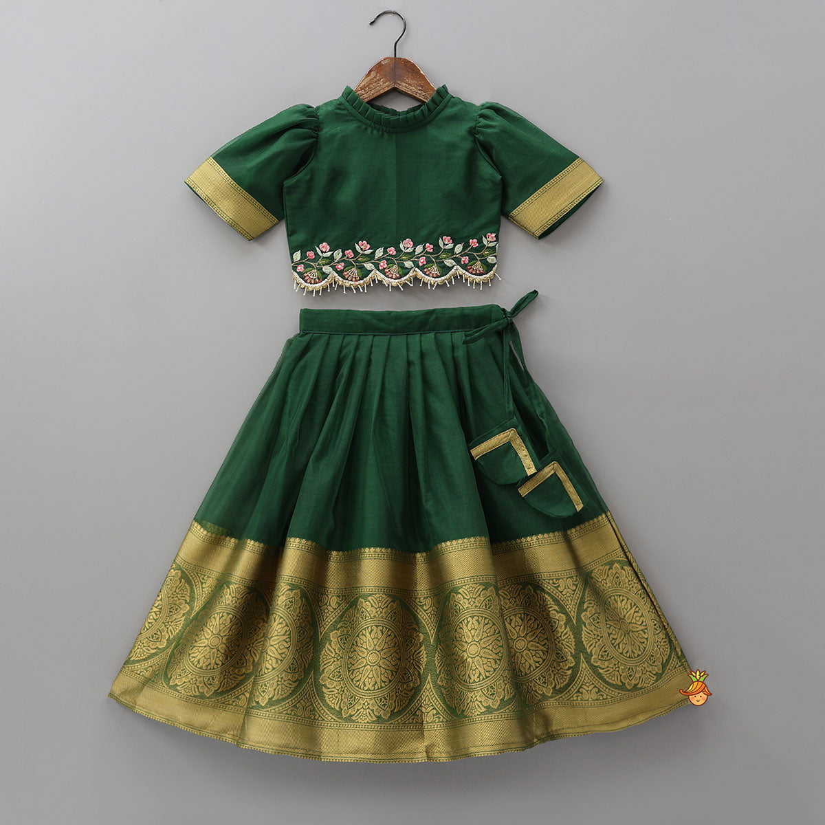 Floral Embroidered Scalloped Hem Top And Pleated Lehenga