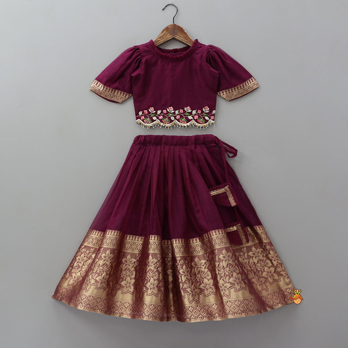 Floral Embroidered Scalloped Hem Top With Pleated Lehenga