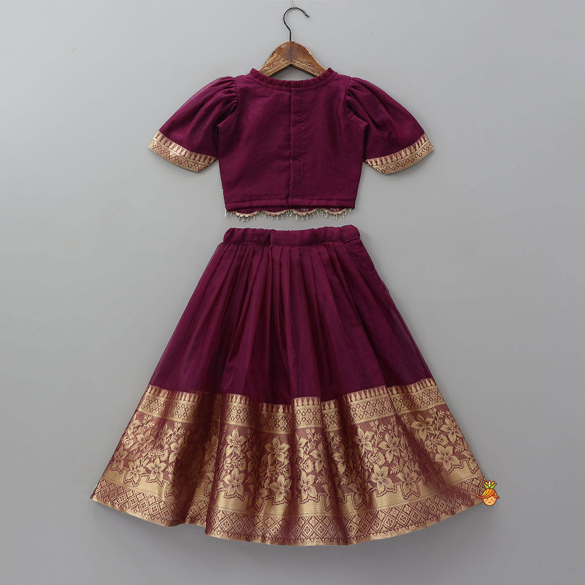 Floral Embroidered Scalloped Hem Top With Pleated Lehenga