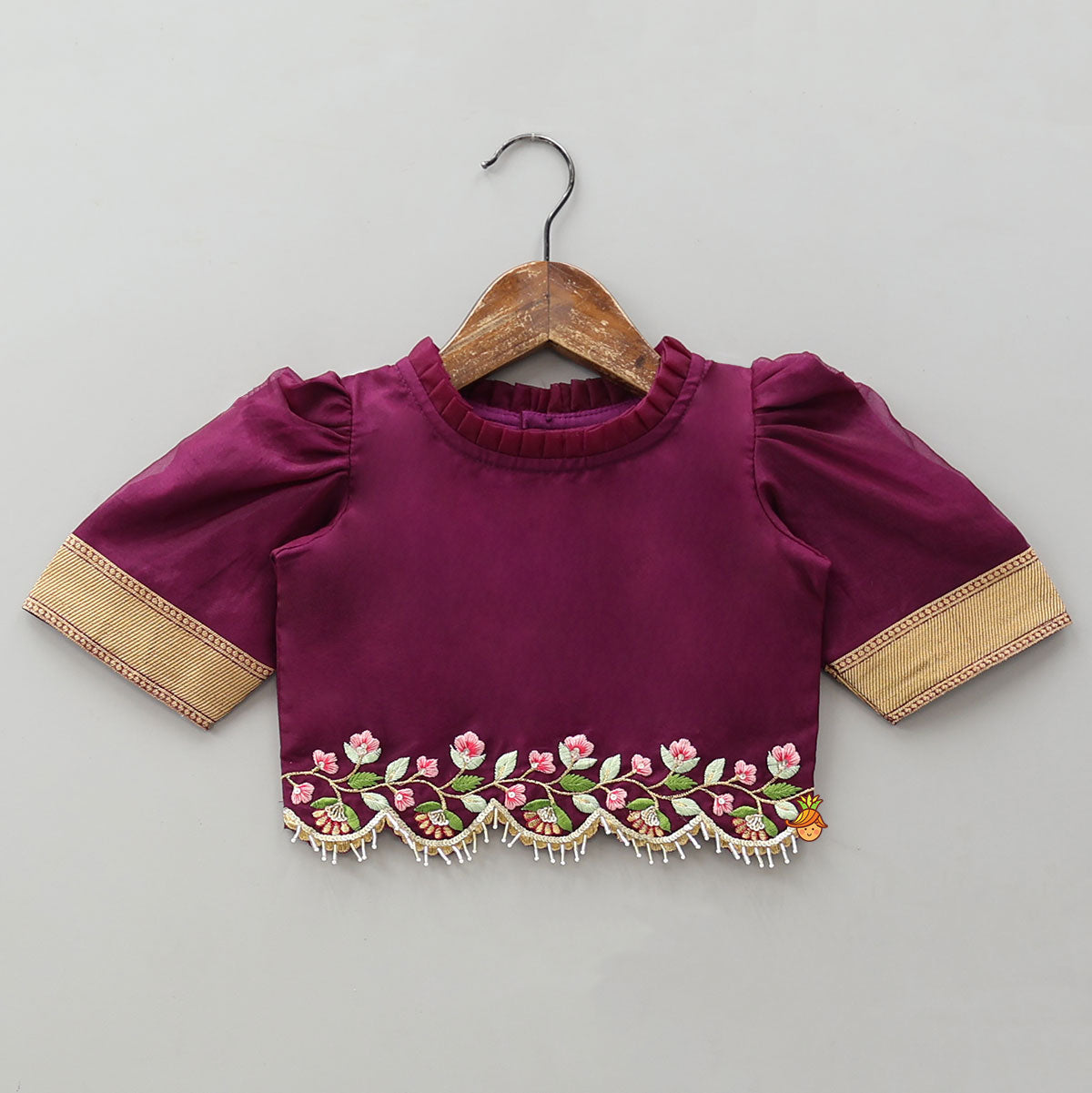 Floral-Embroidered Scalloped Hem Top And Pleated Lehenga