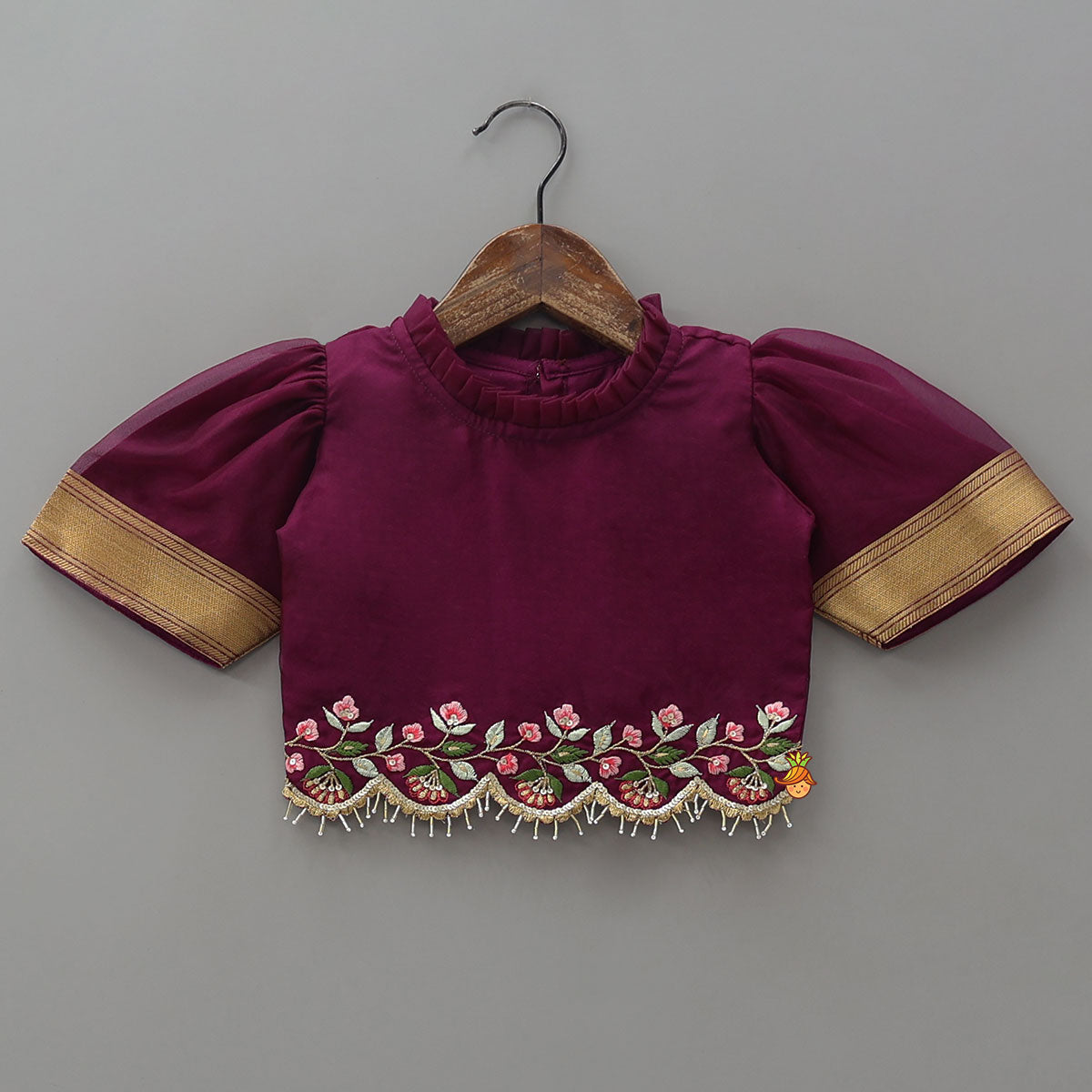 Floral-Embroidered Scalloped Hem Top And Pleated Lehenga