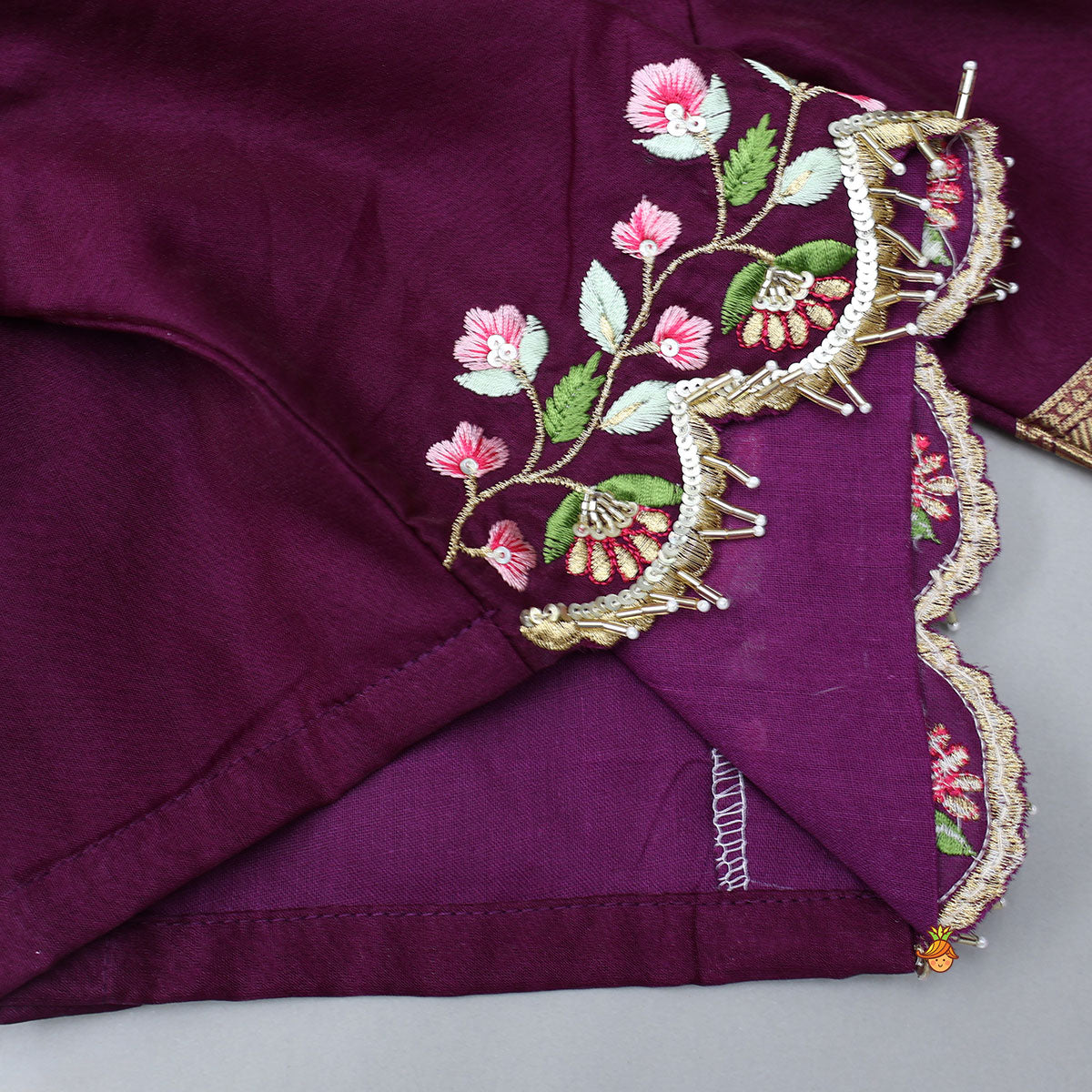 Floral-Embroidered Scalloped Hem Top And Pleated Lehenga