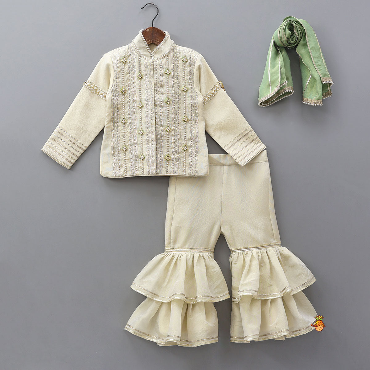 Shimmery Front Open Embroidered Top And Layered Sharara With Contrasting Dupatta