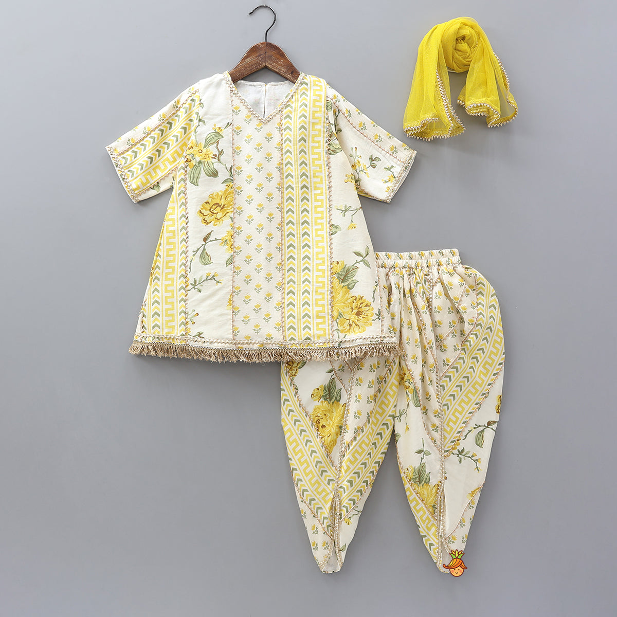 Printed Flared Kurti And Matching Dhoti With Net Dupatta