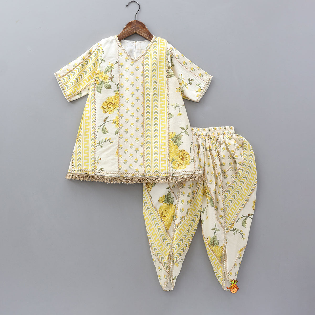 Printed Flared Kurti And Matching Dhoti With Net Dupatta