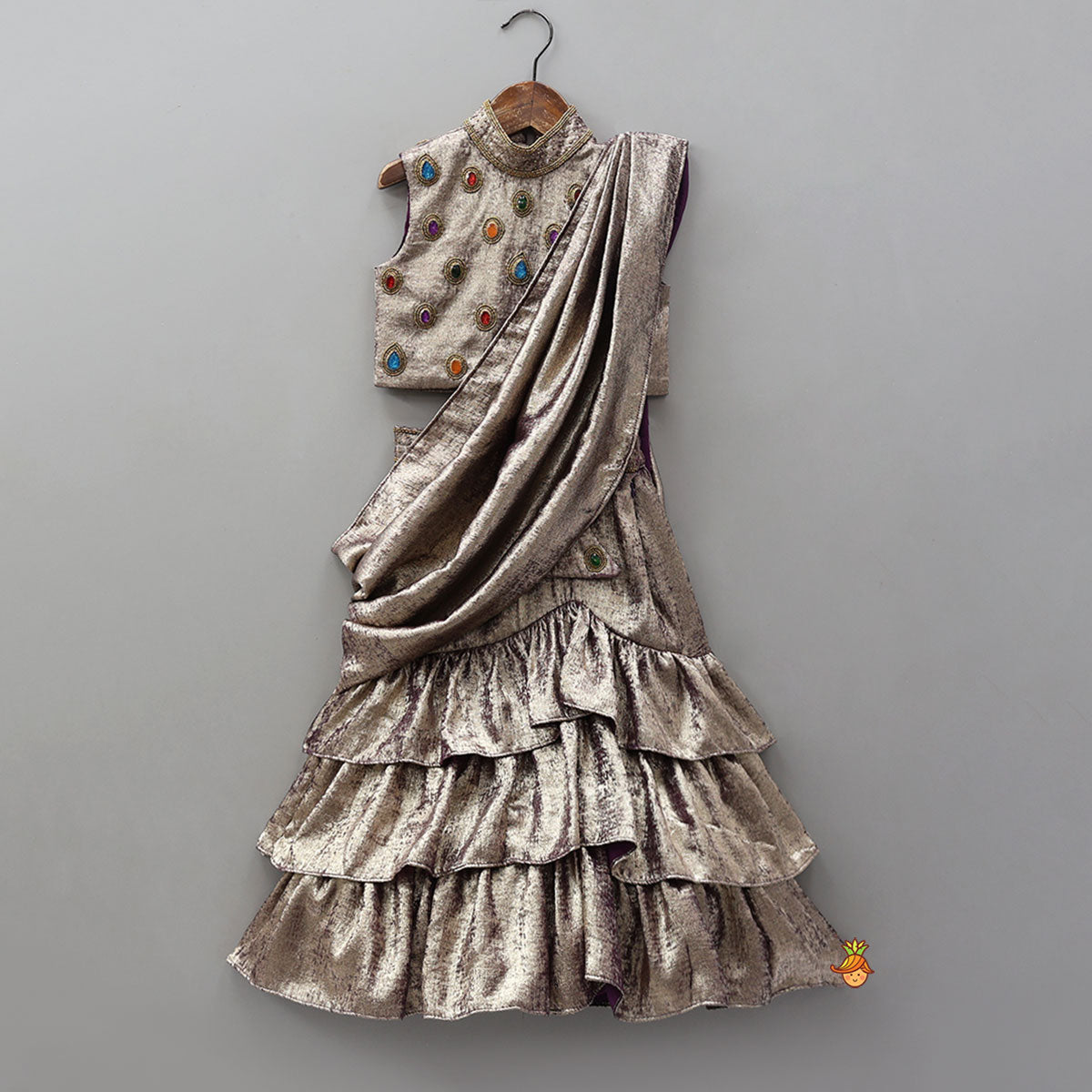 Sleeveless Shiny Top With Layered Lehenga And Attached Dupatta