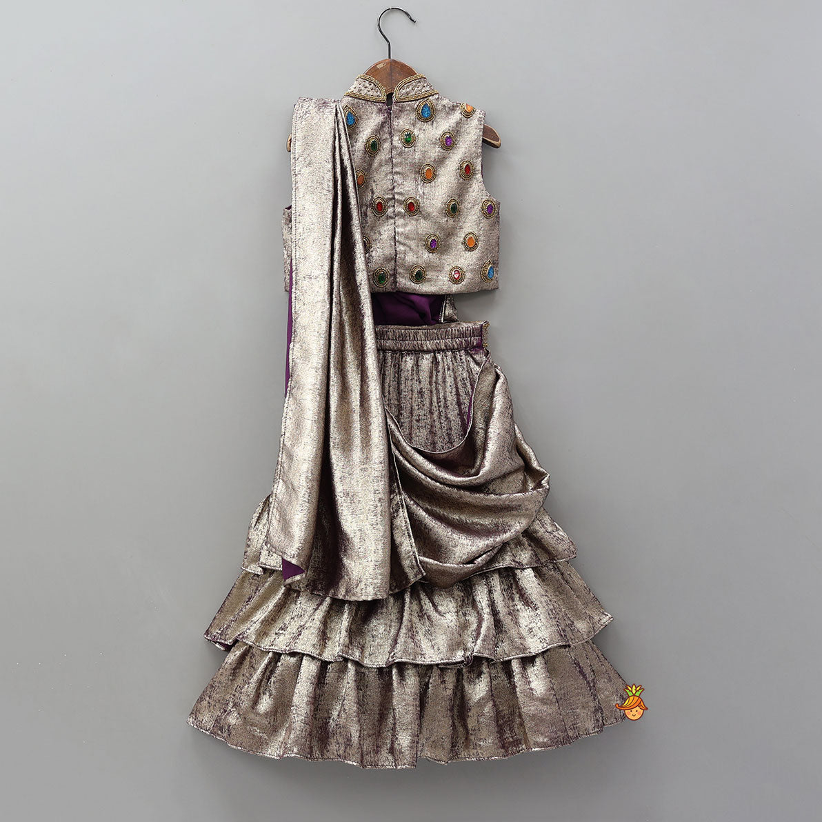 Sleeveless Shiny Top With Layered Lehenga And Attached Dupatta