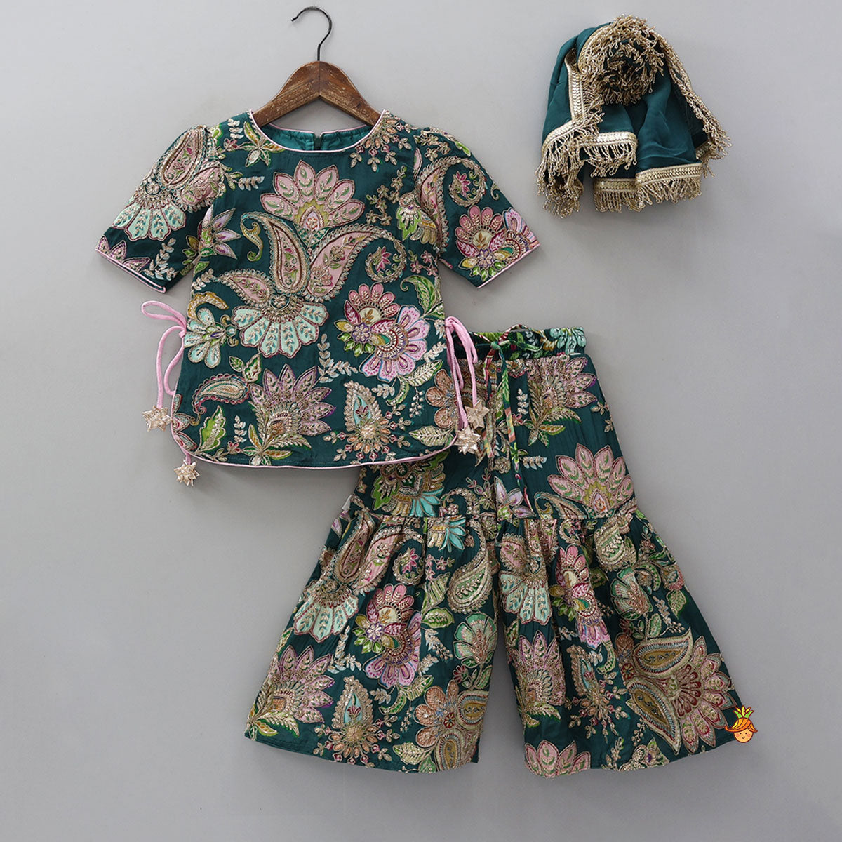 Side-Knot Detailed Elegant Kurti And Sharara With Matching Dupatta