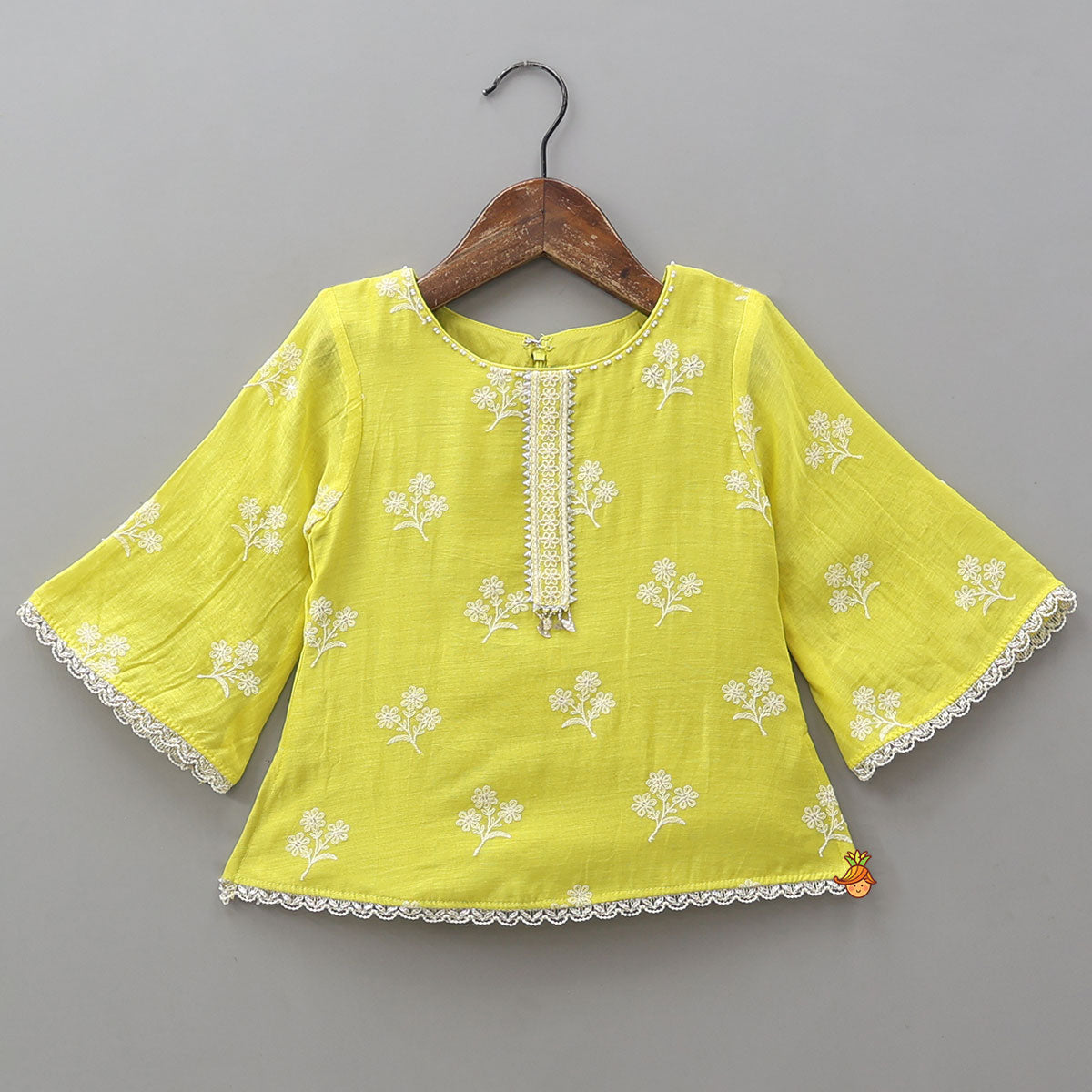 Thread Floral Embroidered Top And Ruffle Hem Palazzo