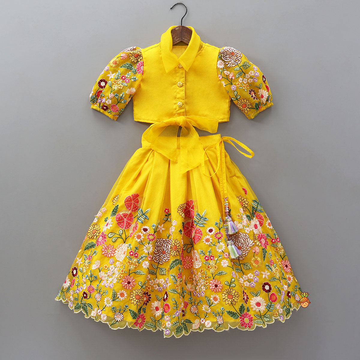 Collar Neck Front-Open Top And Heavy Embroidered Lehenga