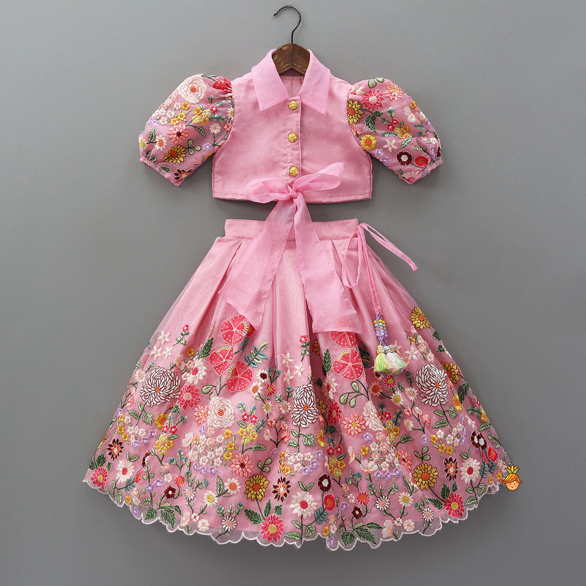 Collar Neck Front-Open Top And Heavy Embroidered Lehenga